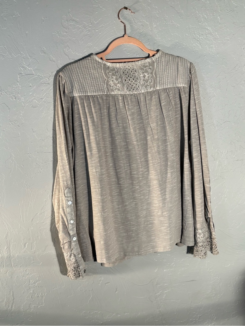 Soft Surroundings Lace-Yoke Long Sleeve Blouse - Taupe